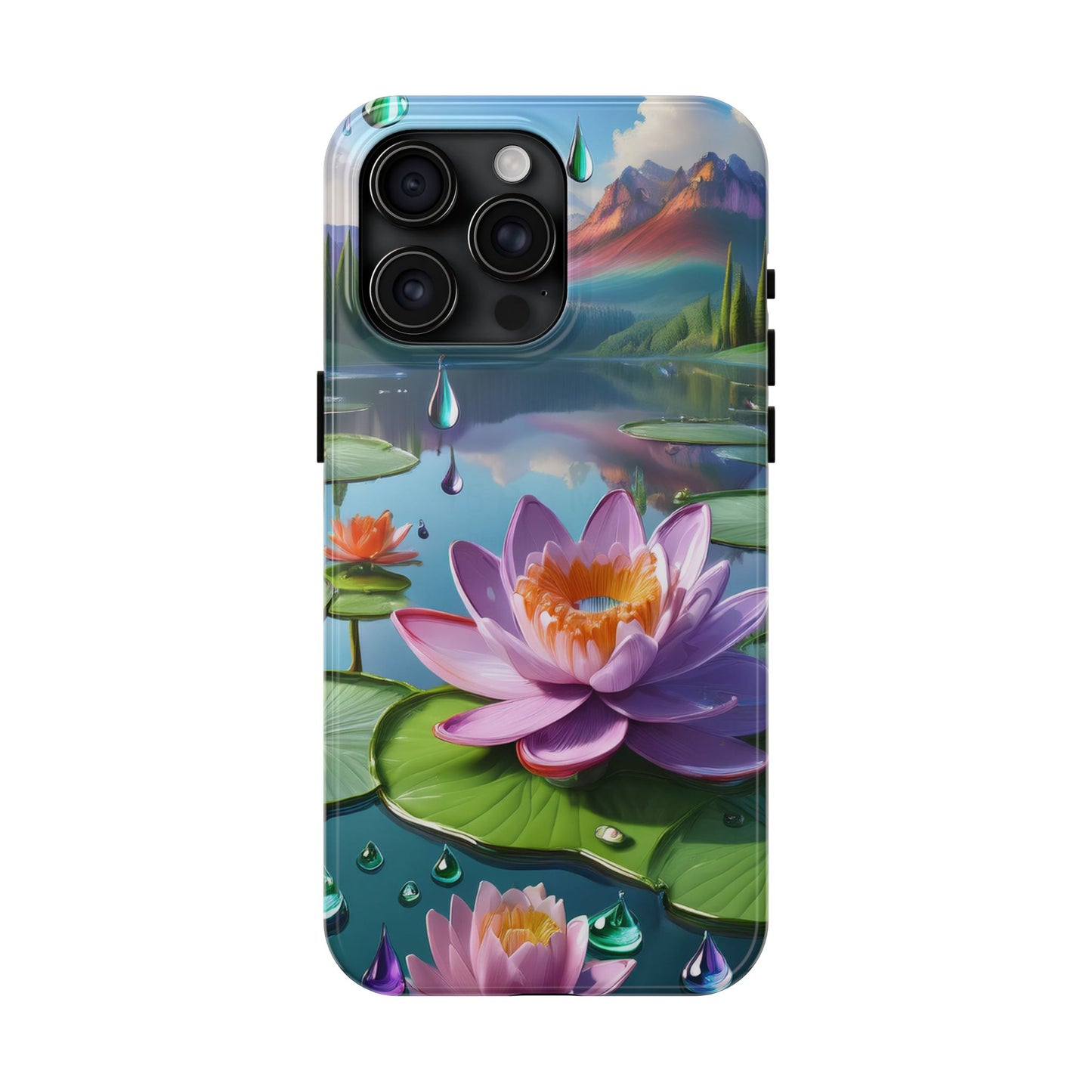 Lily Pads Phone Case, Mountain View Raindrops Nature Scene for iPhone or Samsung Galaxy, Pink Green Blue