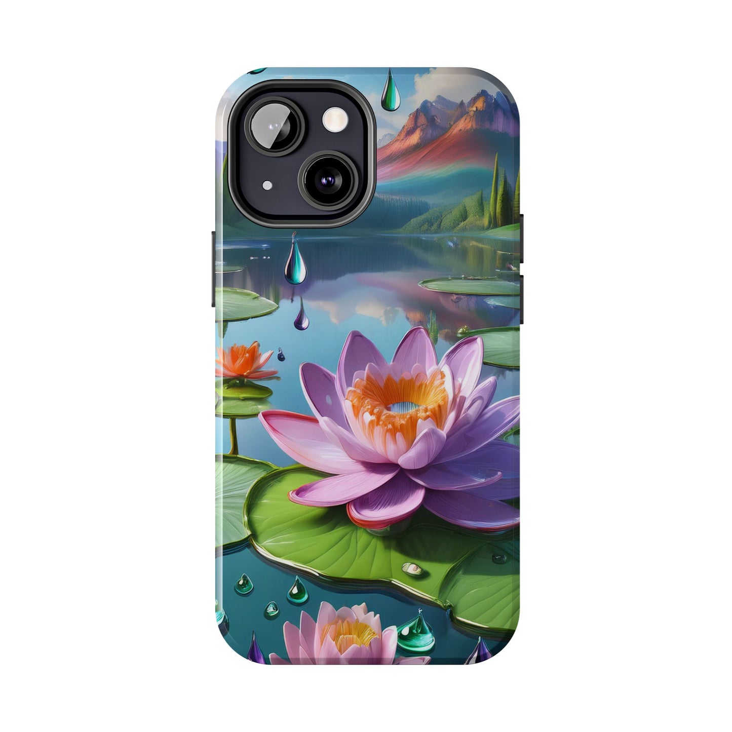 Lily Pads Phone Case, Mountain View Raindrops Nature Scene for iPhone or Samsung Galaxy, Pink Green Blue