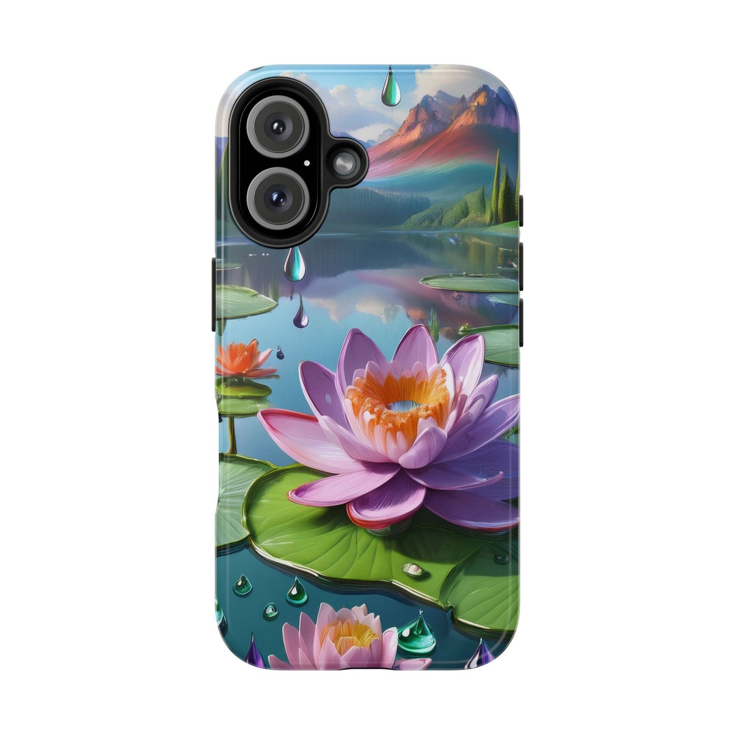 Lily Pads Phone Case, Mountain View Raindrops Nature Scene for iPhone or Samsung Galaxy, Pink Green Blue