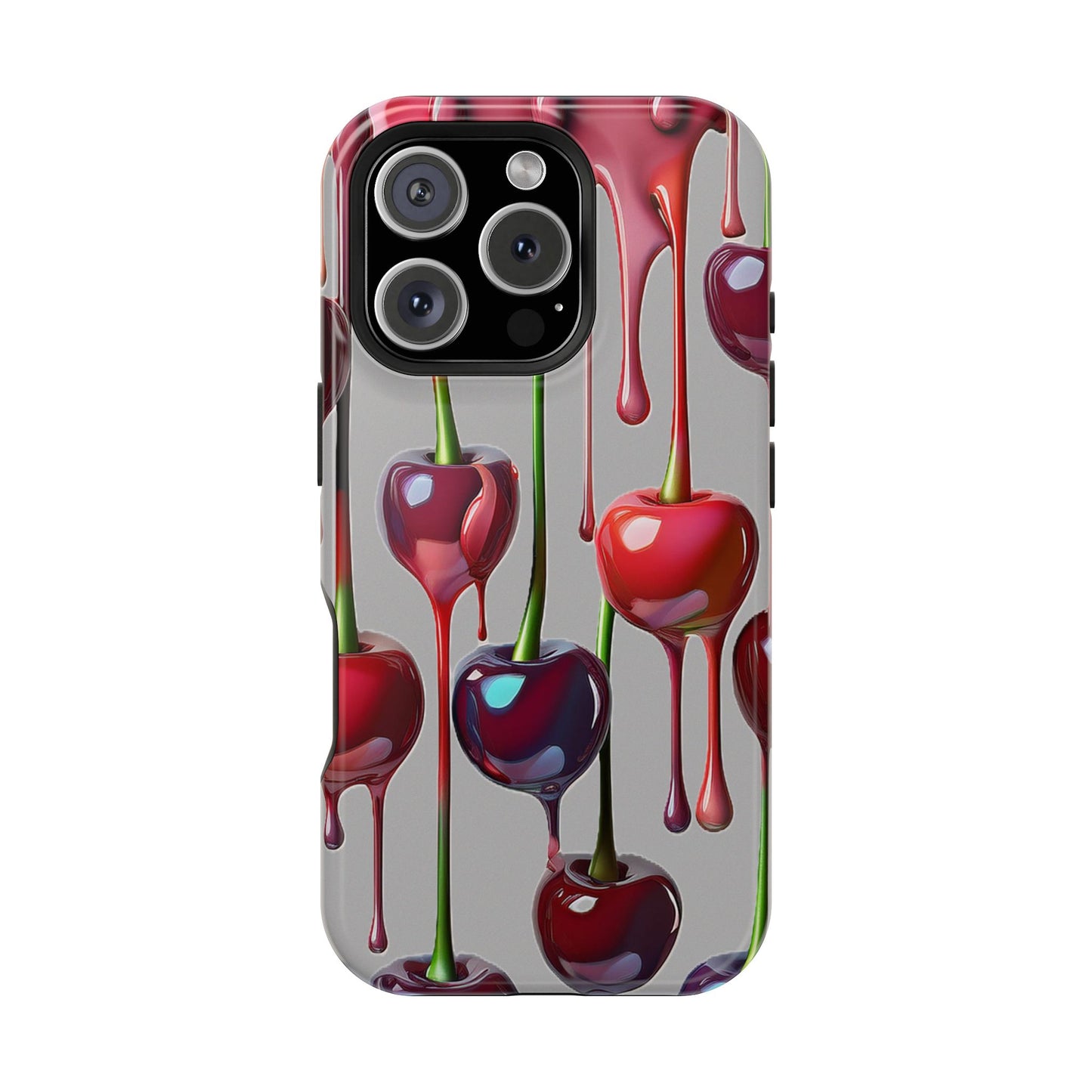 Mag Safe Dripping Cherry Phone Case - Cherry Design, Gray iPhone Magnetic Phone Case