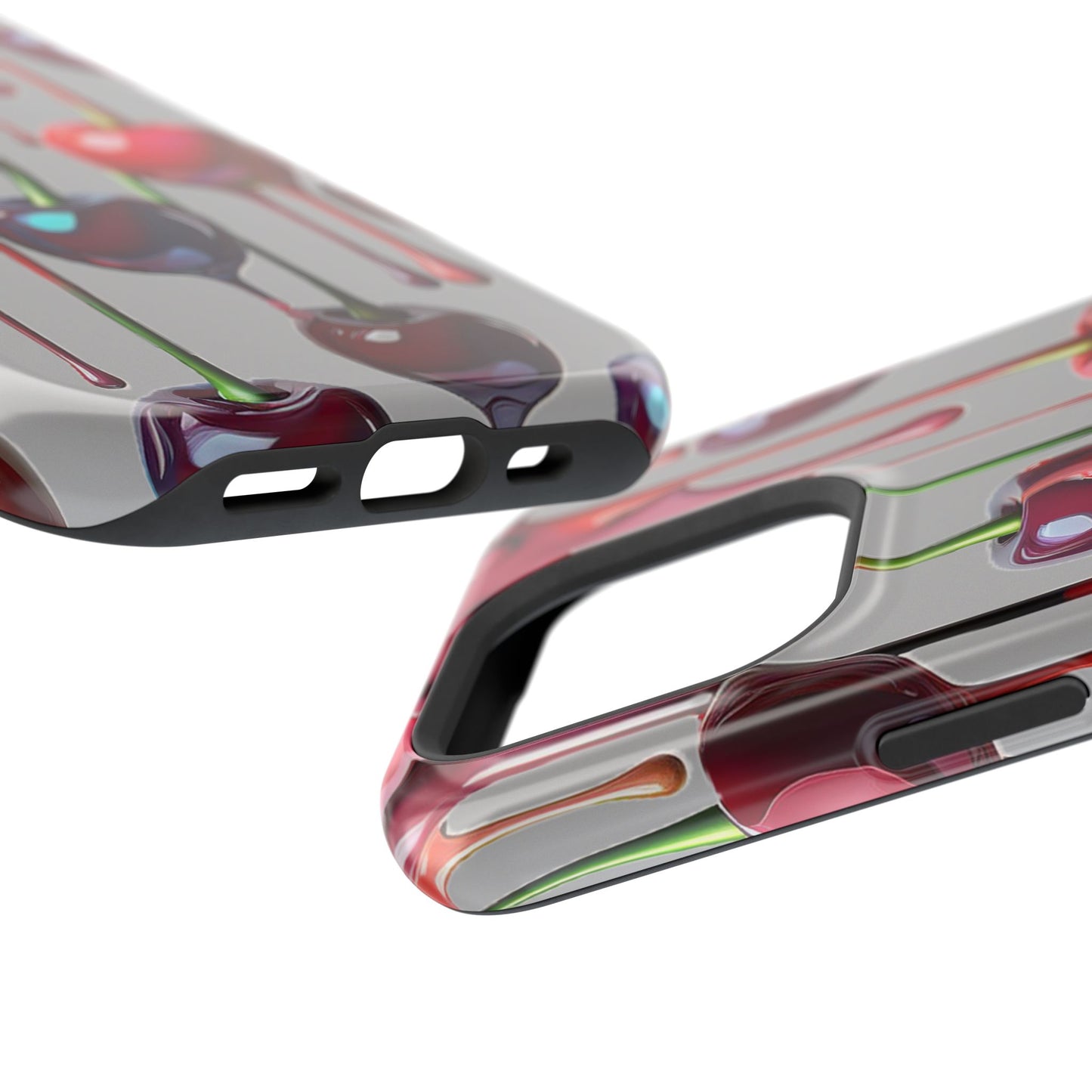 Mag Safe Dripping Cherry Phone Case - Cherry Design, Gray iPhone Magnetic Phone Case