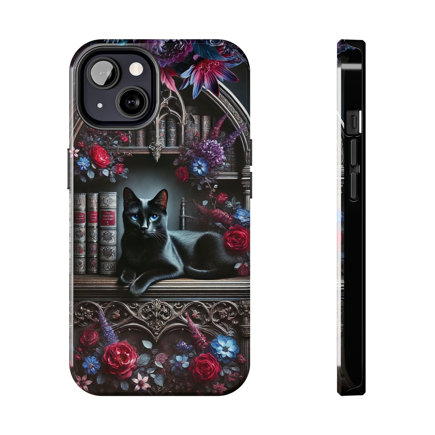 iPhone and Samsung Galaxy cell phone models, Black Cat Gothic Bookcase Decor with Glowing Blue Eyes & Flowers, iPhone Pro, Plus, Pro Max