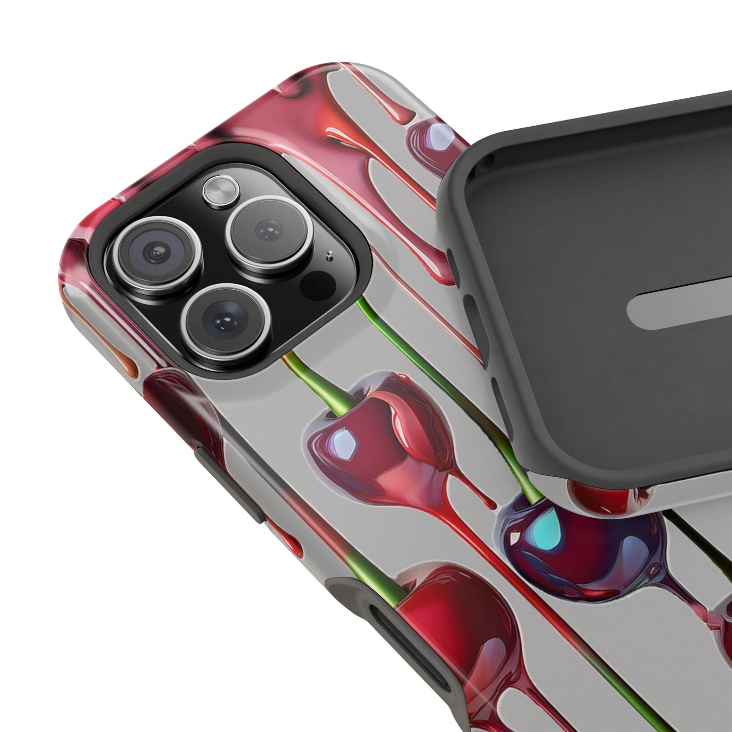 Mag Safe Dripping Cherry Phone Case - Cherry Design, Gray iPhone Magnetic Phone Case