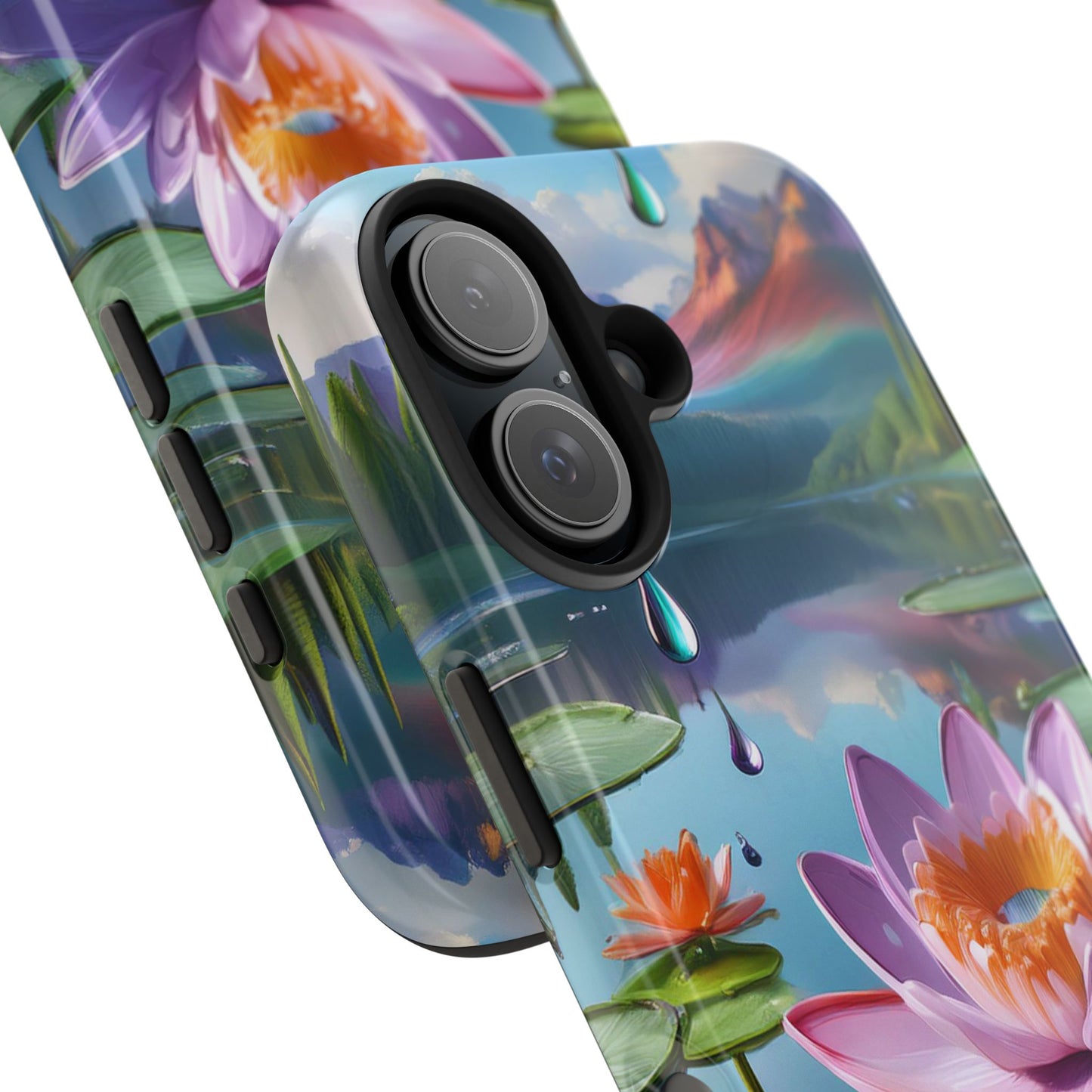 Lily Pads Phone Case, Mountain View Raindrops Nature Scene for iPhone or Samsung Galaxy, Pink Green Blue