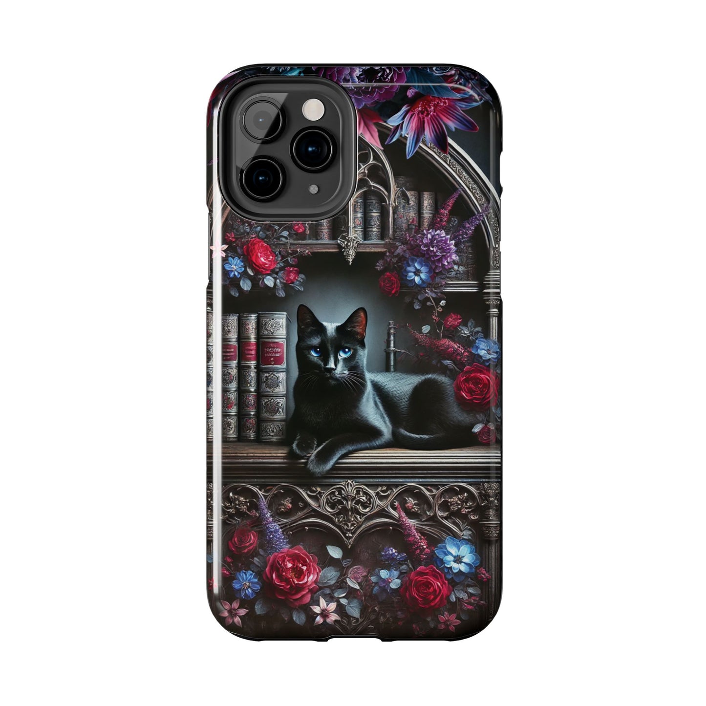 iPhone and Samsung Galaxy cell phone models, Black Cat Gothic Bookcase Decor with Glowing Blue Eyes & Flowers, iPhone Pro, Plus, Pro Max