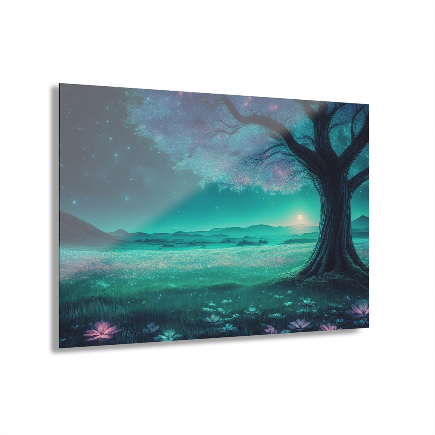 Night Sky Pink Blue Flowers in a Field, Acrylic Print, Wall Art, Home or Office Decor, French Cleat Hanging, Glass Wall Art