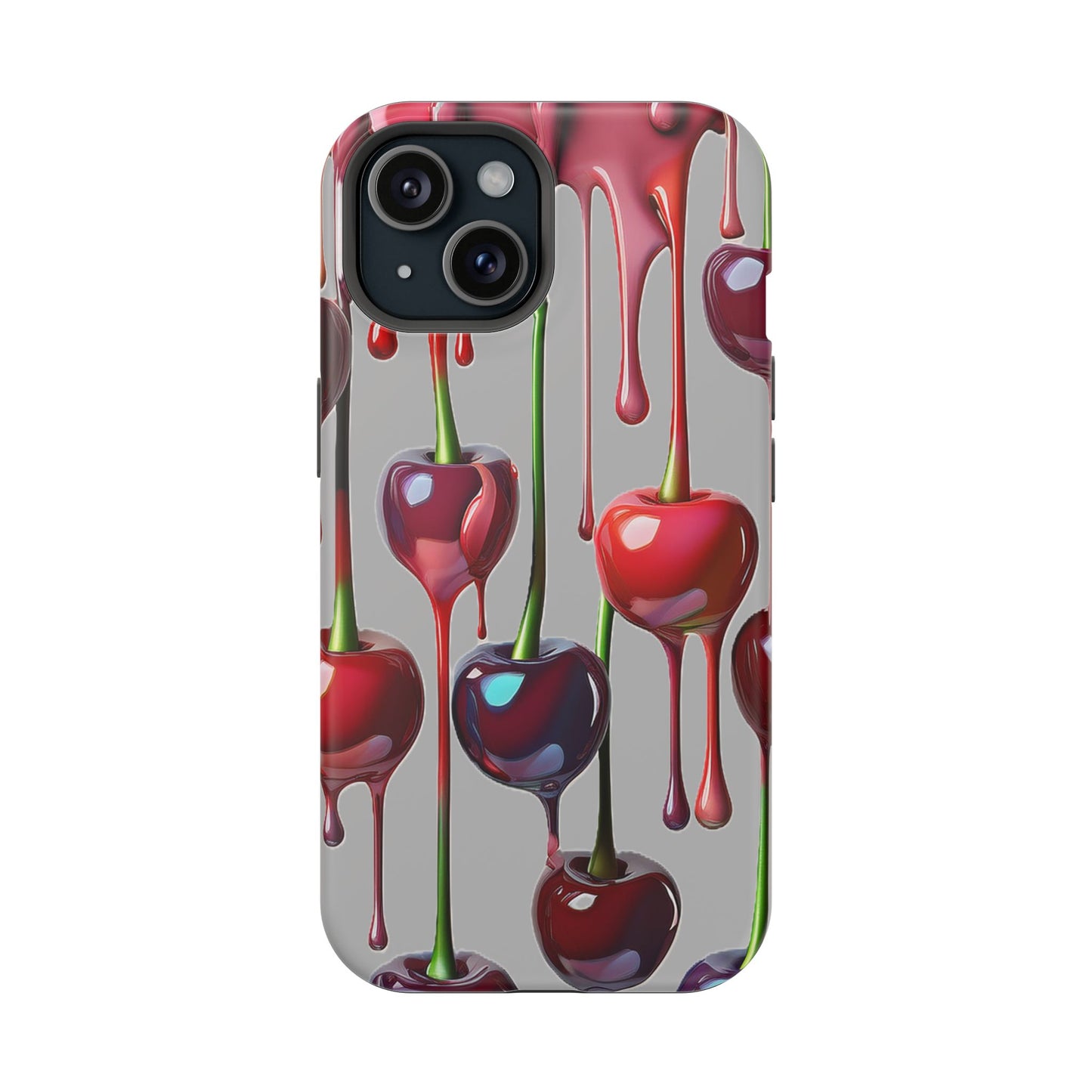 Mag Safe Dripping Cherry Phone Case - Cherry Design, Gray iPhone Magnetic Phone Case