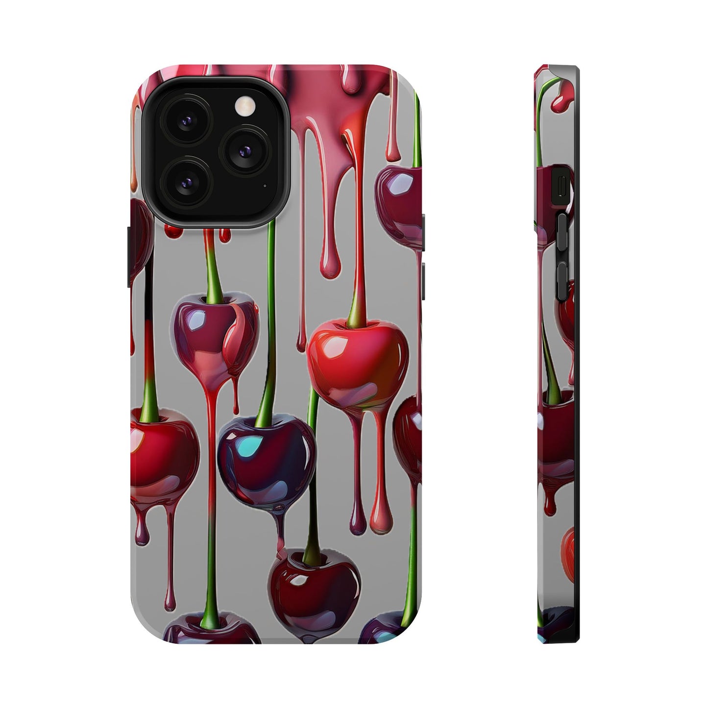 Mag Safe Dripping Cherry Phone Case - Cherry Design, Gray iPhone Magnetic Phone Case