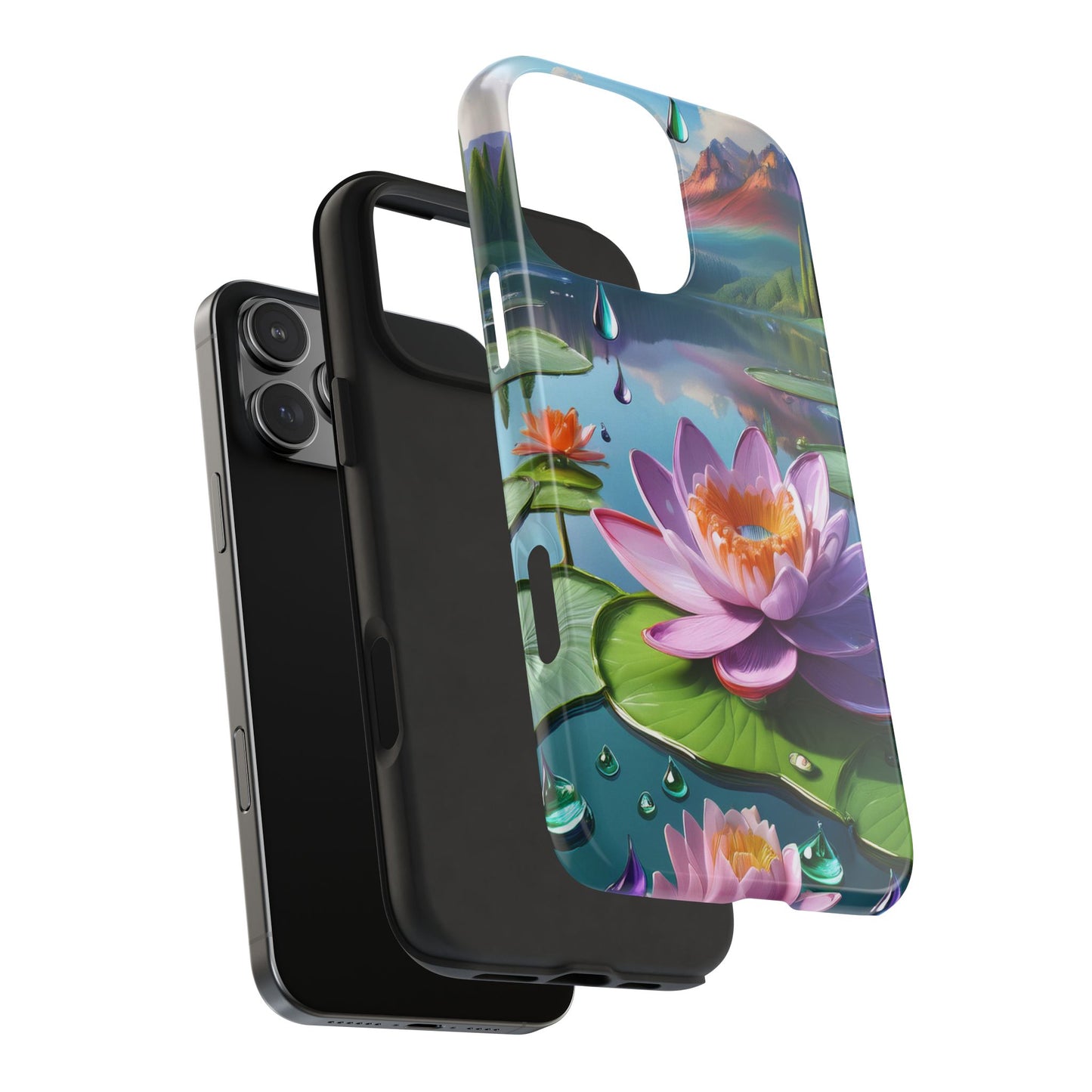 Lily Pads Phone Case, Mountain View Raindrops Nature Scene for iPhone or Samsung Galaxy, Pink Green Blue