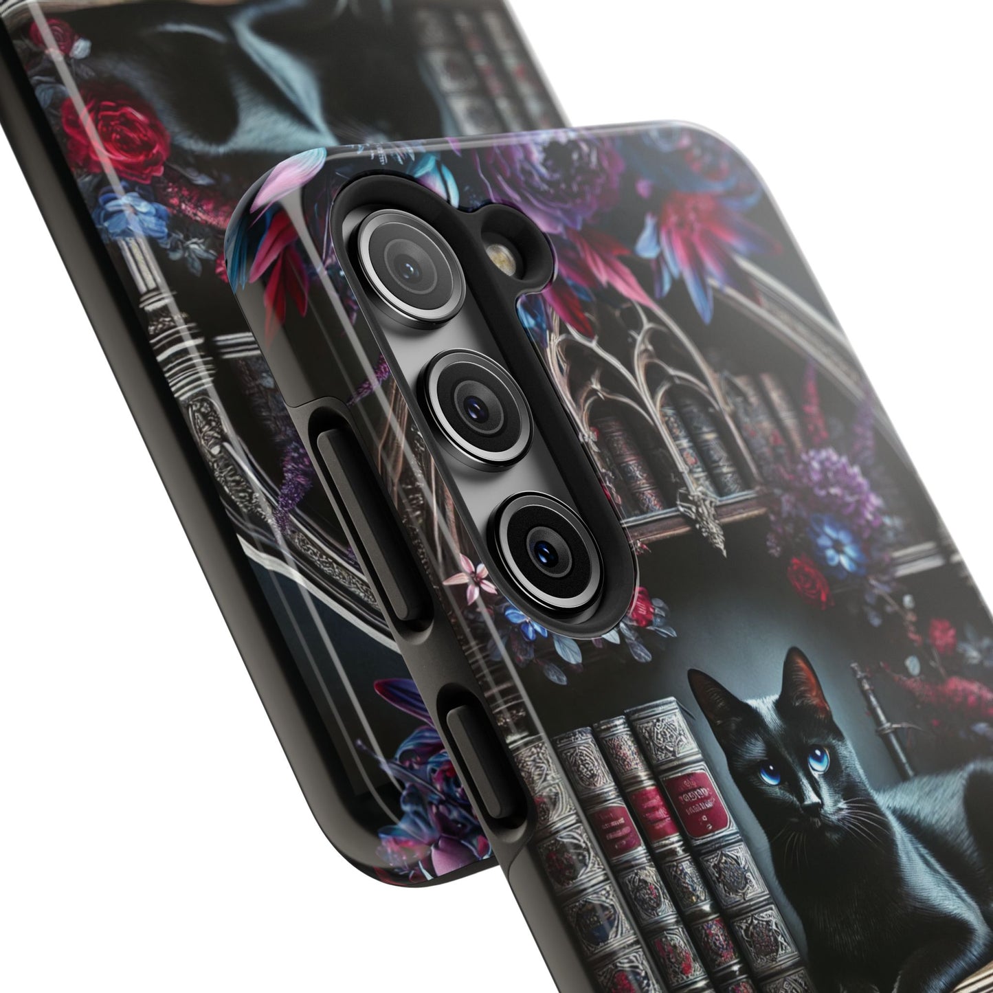 iPhone and Samsung Galaxy cell phone models, Black Cat Gothic Bookcase Decor with Glowing Blue Eyes & Flowers, iPhone Pro, Plus, Pro Max