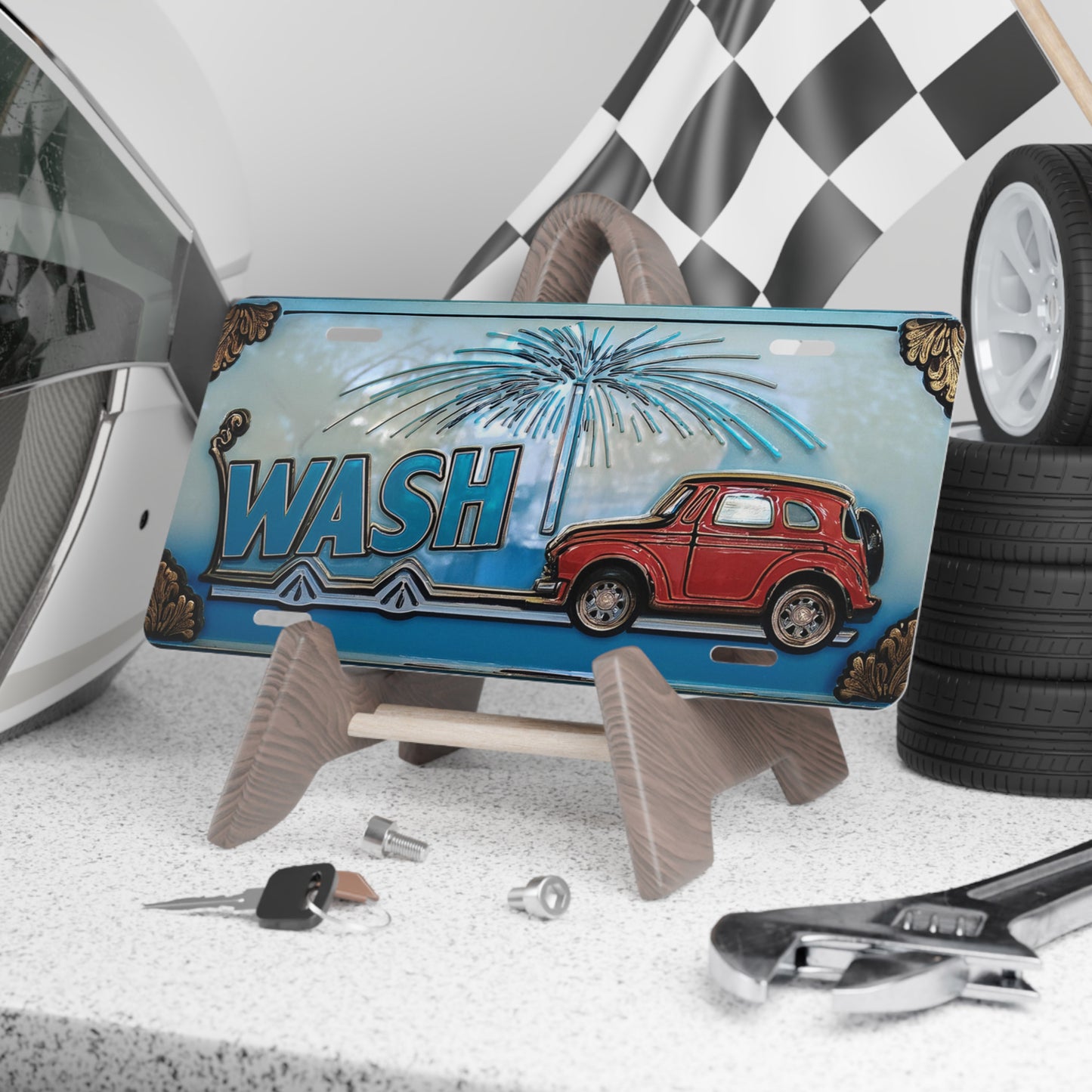 Custom vanity plate made from durable aluminum, measuring 12x6 inches, with pre-drilled holes for easy installation, perfect for vehicles or wall decor