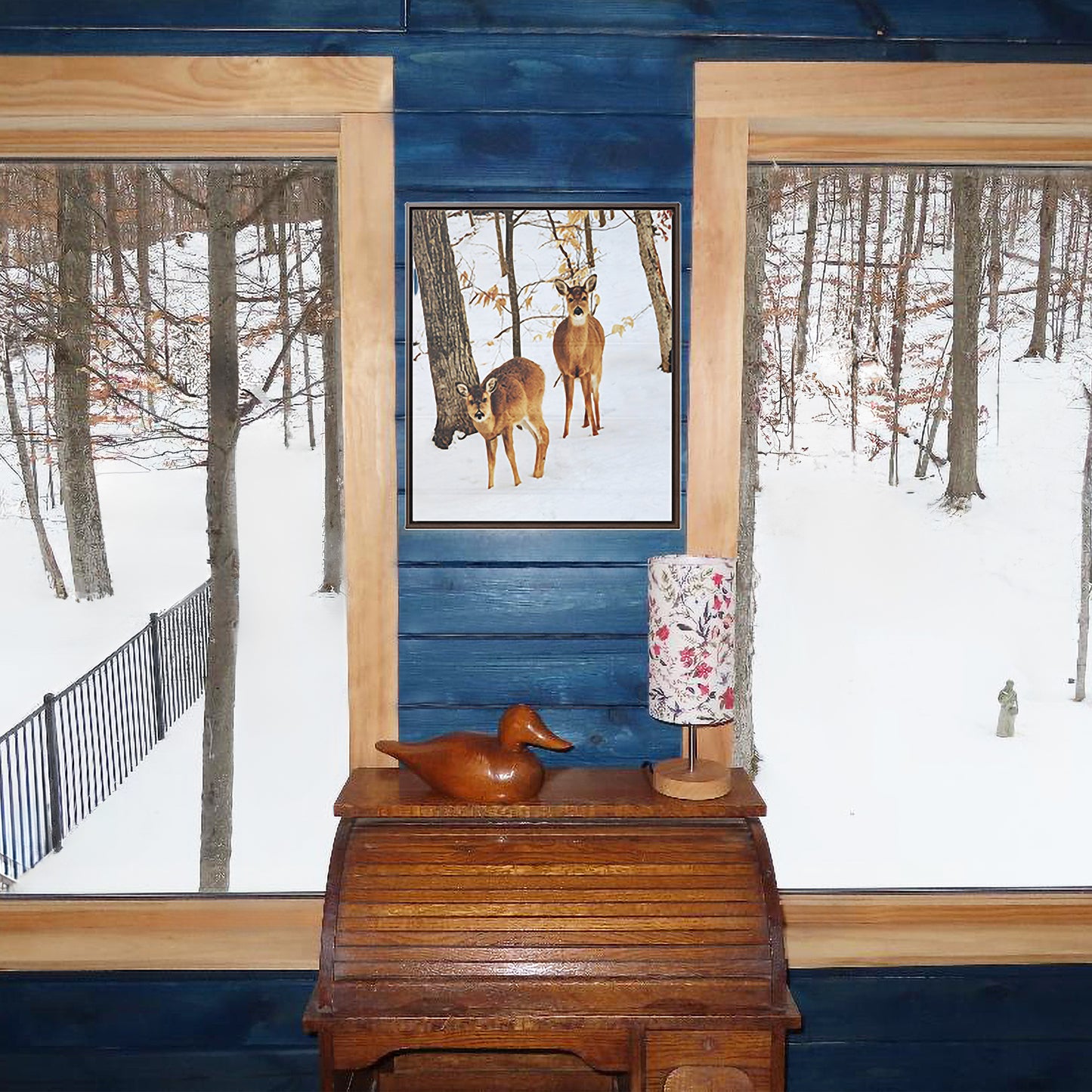 Wildlife Photography, Deer in Northern Michigan Snow, Bellaire Michigan Framed Canvas Photography