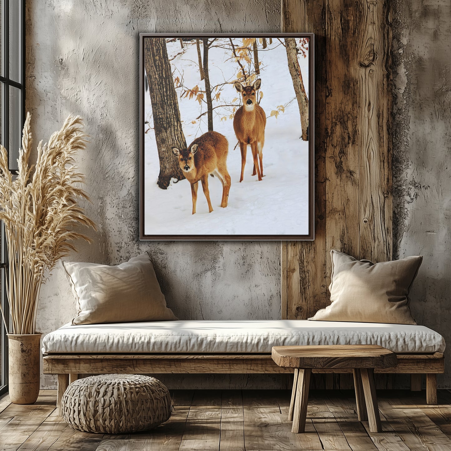 Wildlife Photography, Deer in Northern Michigan Snow, Bellaire Michigan Framed Canvas Photography