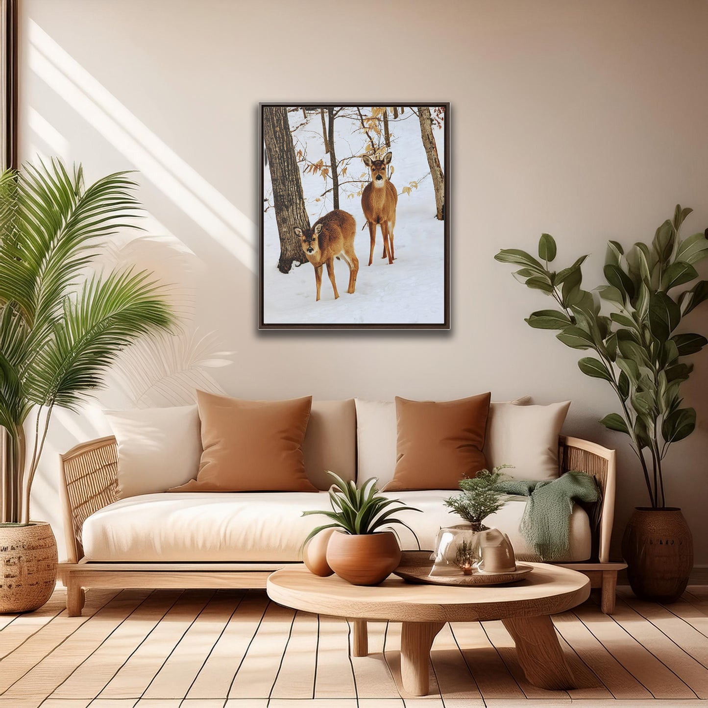 Wildlife Photography, Deer in Northern Michigan Snow, Bellaire Michigan Framed Canvas Photography