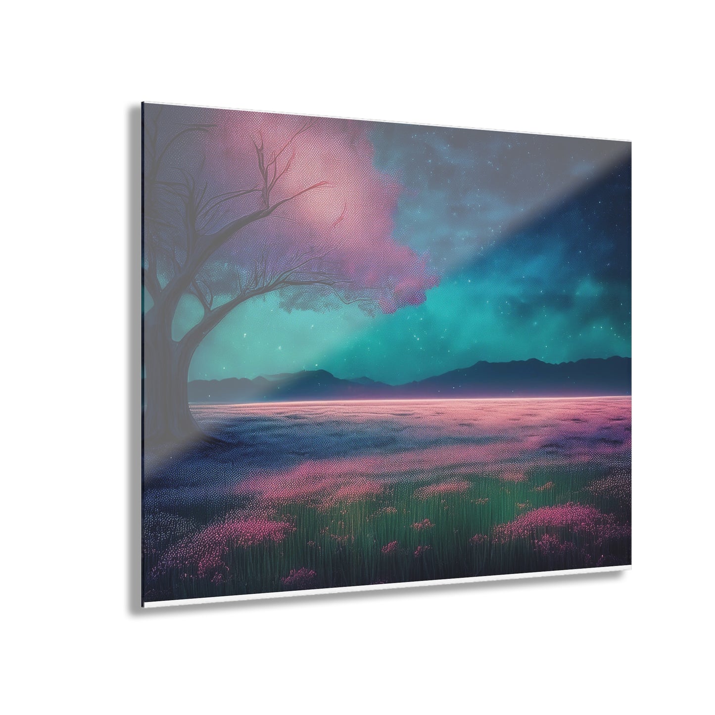 Night Sky Pink Flowers in a Field, Acrylic Print, Wall Art, Home Decor, French Cleat Hanging