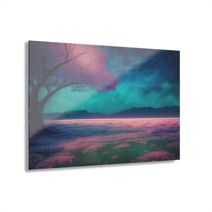 Night Sky Pink Flowers in a Field, Acrylic Print, Wall Art, Home Decor, French Cleat Hanging