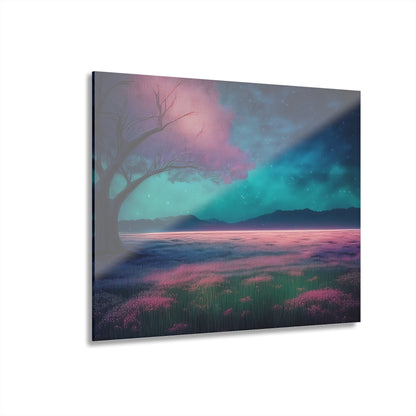 Night Sky Pink Flowers in a Field, Acrylic Print, Wall Art, Home Decor, French Cleat Hanging