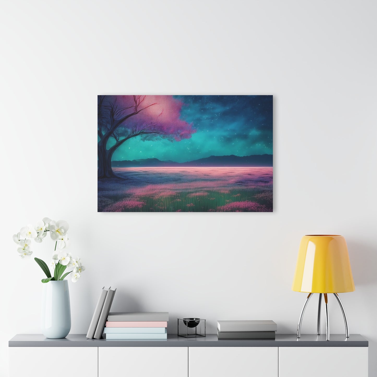 Night Sky Pink Flowers in a Field, Acrylic Print, Wall Art, Home Decor, French Cleat Hanging