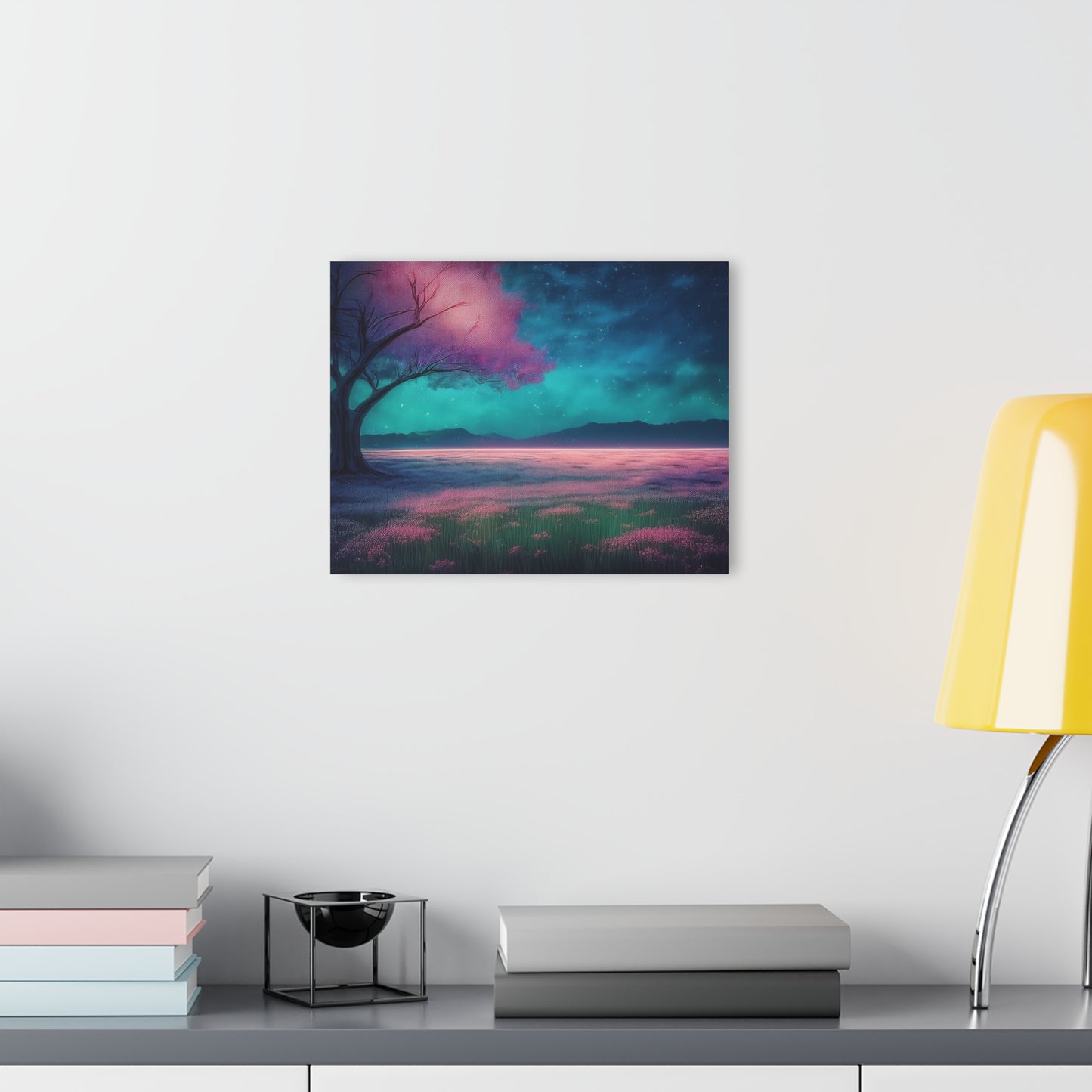 Night Sky Pink Flowers in a Field, Acrylic Print, Wall Art, Home Decor, French Cleat Hanging