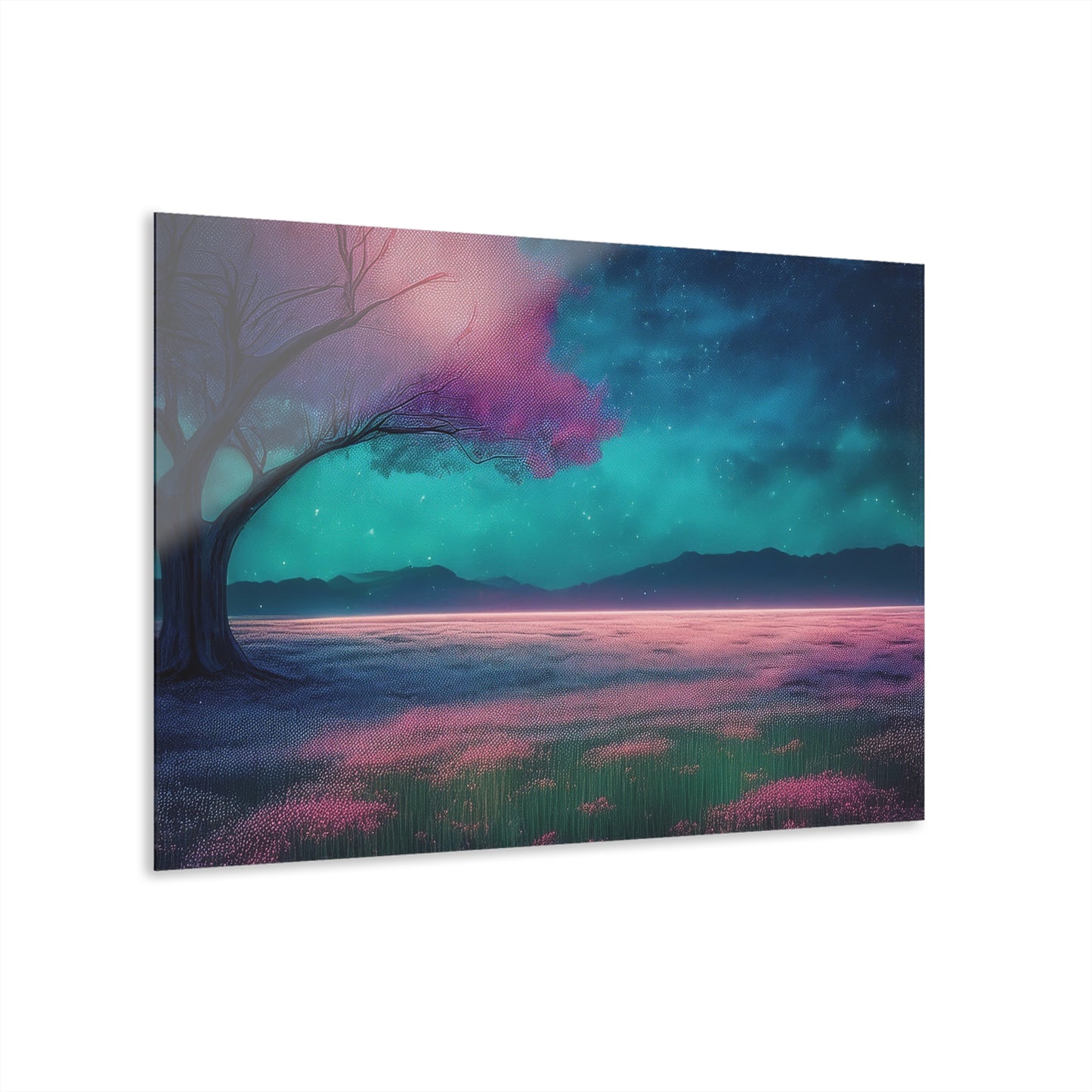 Night Sky Pink Flowers in a Field, Acrylic Print, Wall Art, Home Decor, French Cleat Hanging